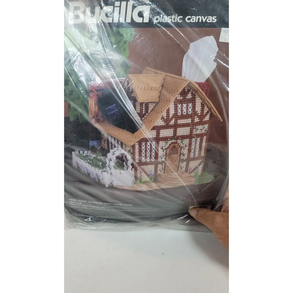 Vintage Bucilla Swiss Chalet Tissue Cover Caddy KIT 10.5x8